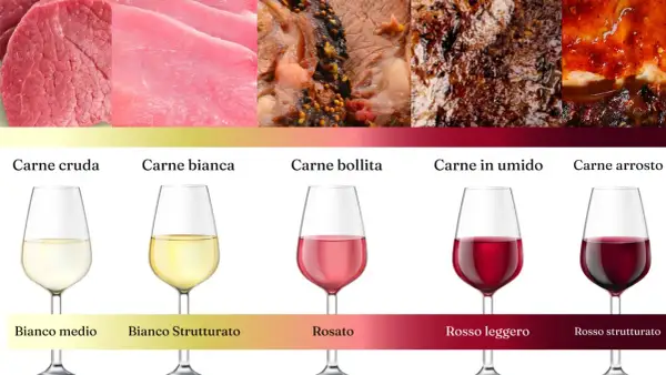 Abbinamenti ideali: carne cruda e bianca con vini bianchi, carne bollita e in umido con rosati e rossi leggeri, carne arrosto con rossi strutturati.