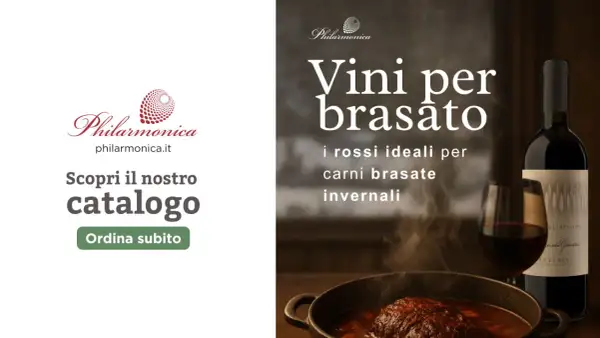 Vini per brasato: un bicchiere di rosso intenso accanto a un brasato fumante, perfetto per le serate invernali. Scopri il catalogo.