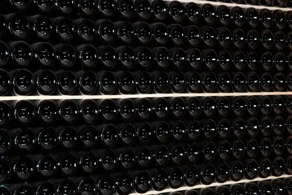 Fila di bottiglie scure, un'immagine che evoca il batonnage cos'è, la tecnica di agitazione per affinare il vino.