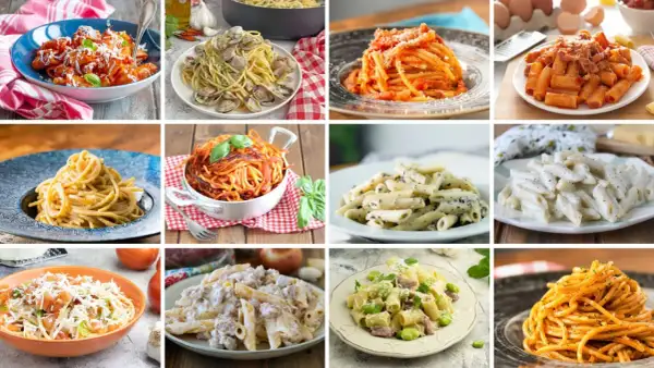 Collage di dodici piatti di pasta asciutta: spaghetti, penne e rigatoni con vari sughi, dalle vongole al pomodoro, alla crema.