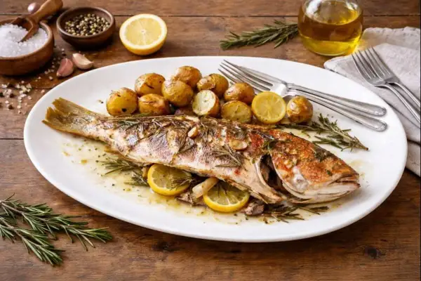 Un succulento dentice pesce intero al forno, servito con patate novelle, limone e rosmarino su un piatto bianco.