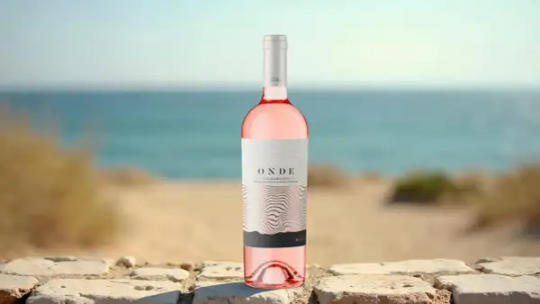 Bottiglia di Negroamaro Rosato "Onde" su muretto di pietra, con mare e spiaggia sullo sfondo. Perfetto per abbinamenti estivi.