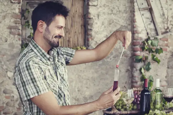 Uomo sorridente misura l'acidità totale del vino rosso con un densimetro. Sullo sfondo, bottiglie di vino e grappoli d'uva.